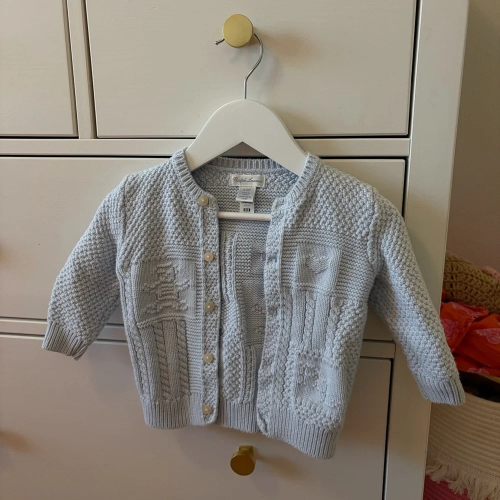 Ralph Lauren Contrast-Knit Cotton Cardigan Size 9-12 Months Beryl Blue